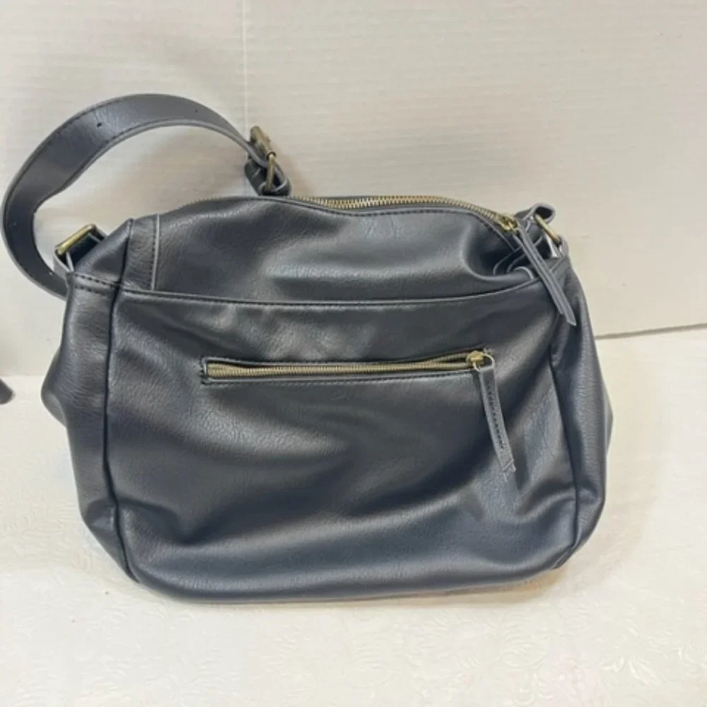 Black Faux Leather Messenger Shoulder Bag Crossbody Adjustable Zip Around Front